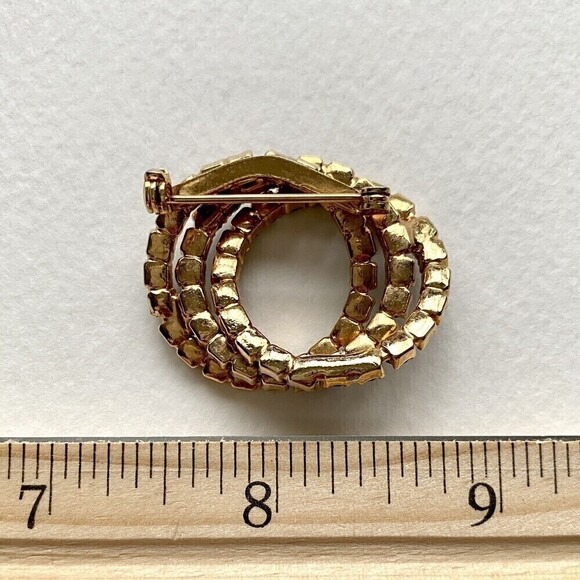 Vintage Brooch Blue Green Rhinestones Three Intertwined Circles Gold Tone Pin - Picture 2 of 3
